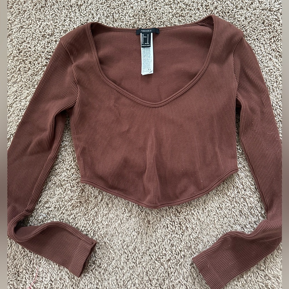 Forever 21 Brown Cuffed Sleeve Crop Blouse